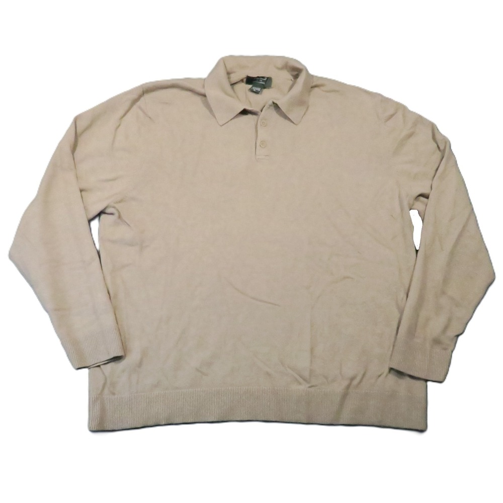 Eddie Bauer Cotton Cashmere Polo Sweater Men XL Beige Neutral Preppy Luxury Golf